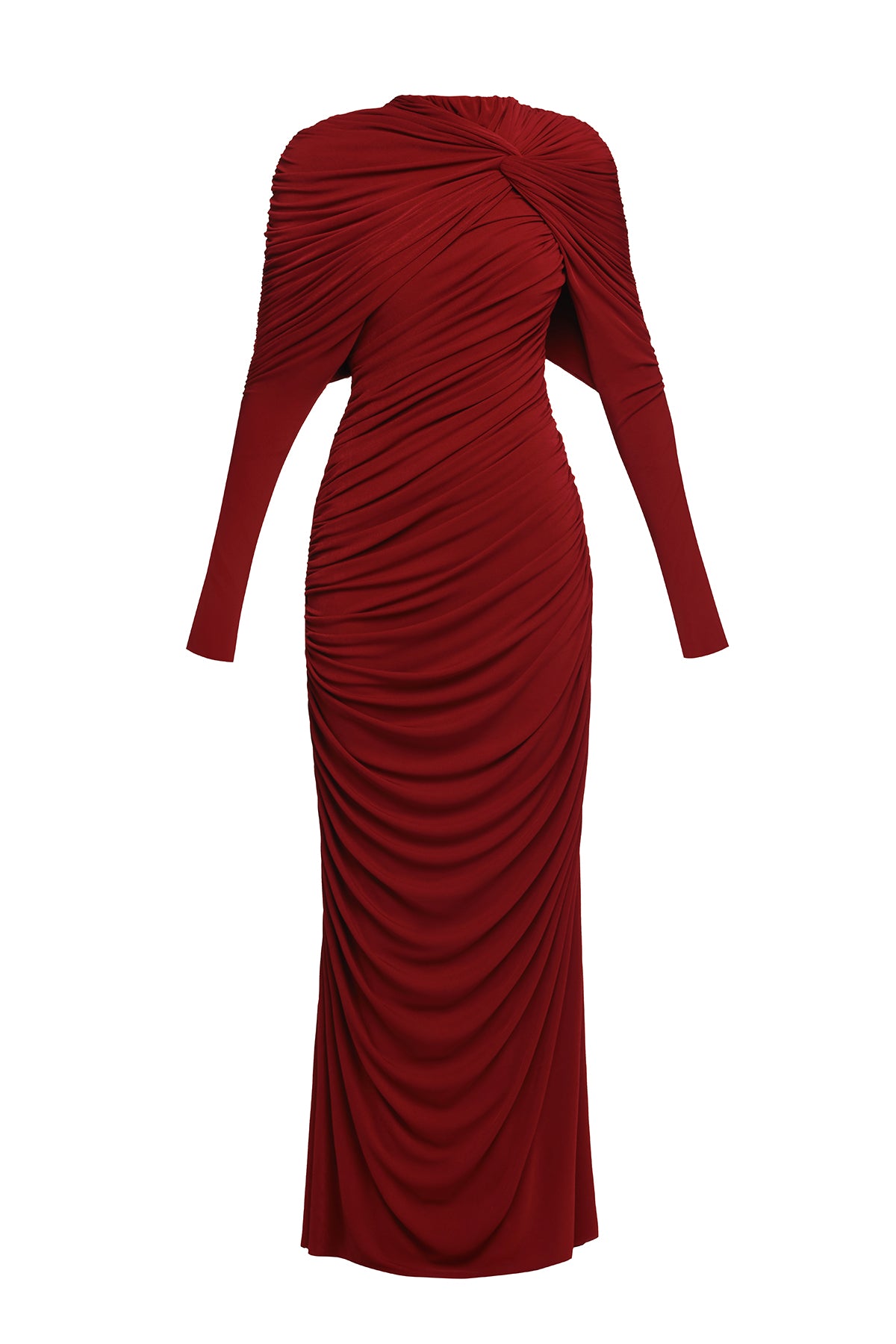 bonnie long sleeve pleated knot bodycon maxi dress in red