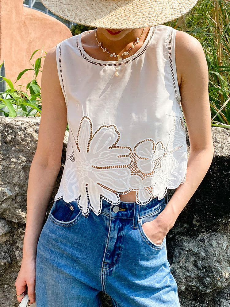 white cut-out top embroidered skirt suit