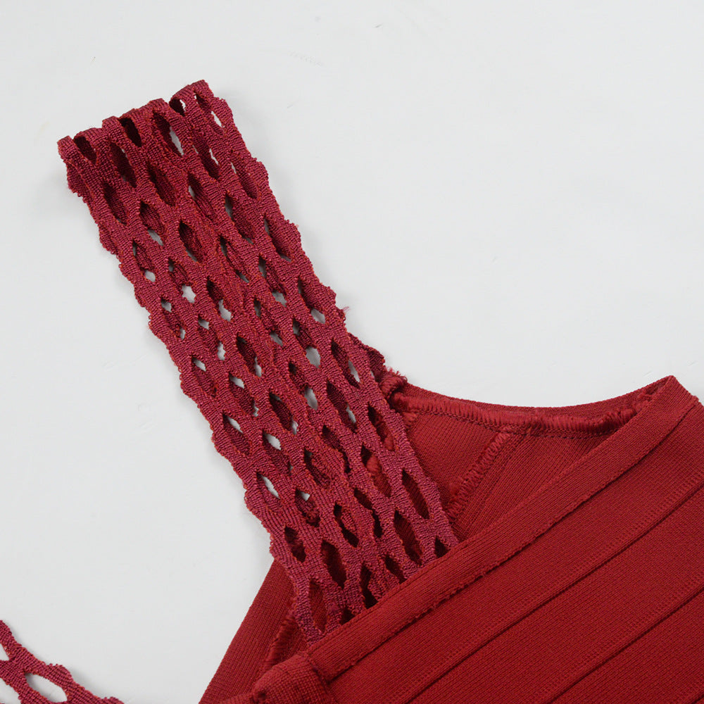 tassel bandage lace bodycon midi dress in burgundy