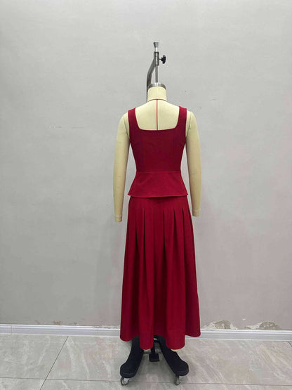 Burgundy Square Neck Sleeveless Button Vest &amp; Slit Pleated Midi Skirt Two-Piece Set