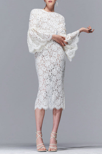 white lace hollow midi dress
