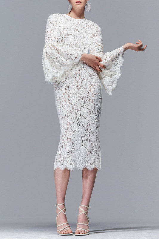 white lace hollow midi dress