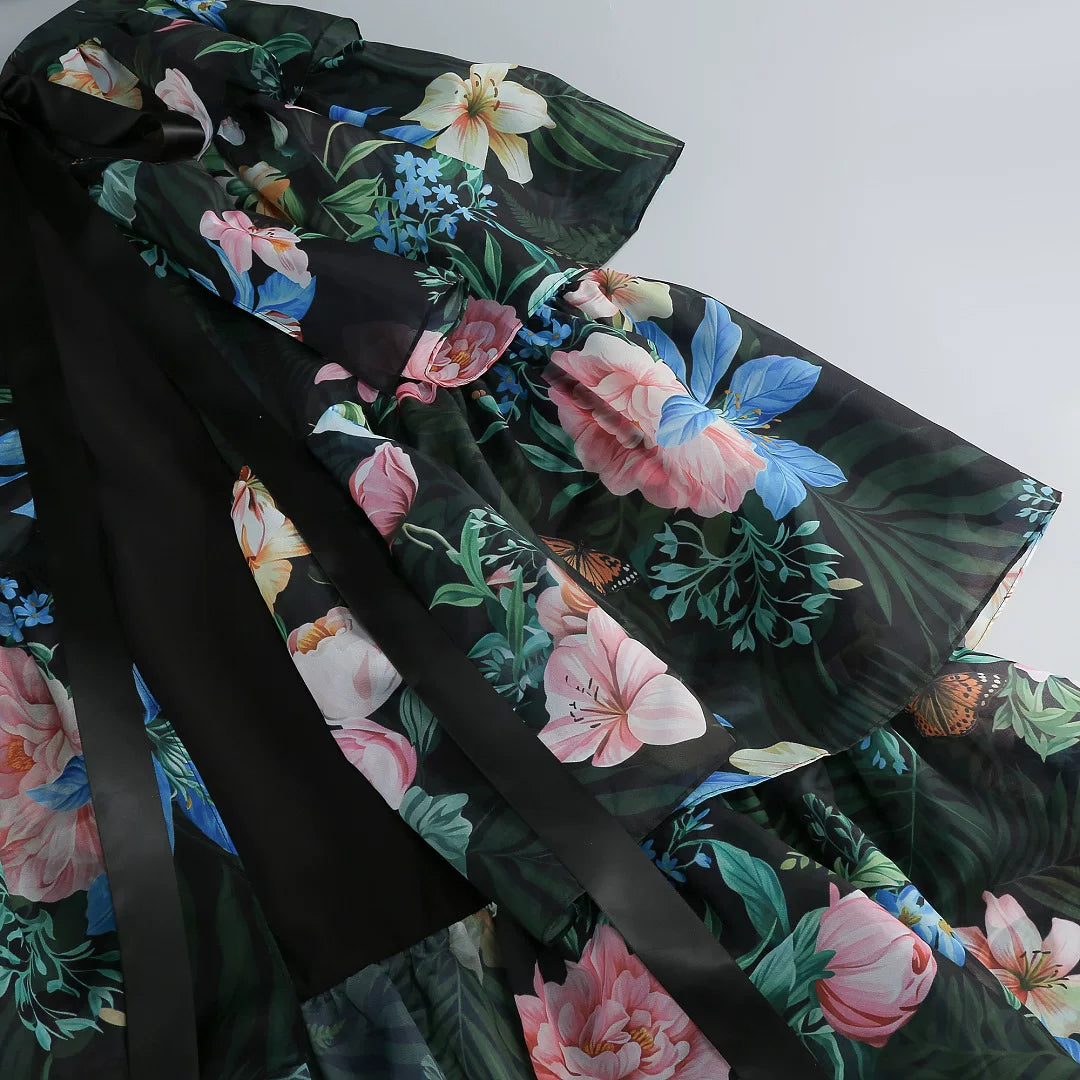 Tropical Floral Cutout High Low Tiered Maxi Dress