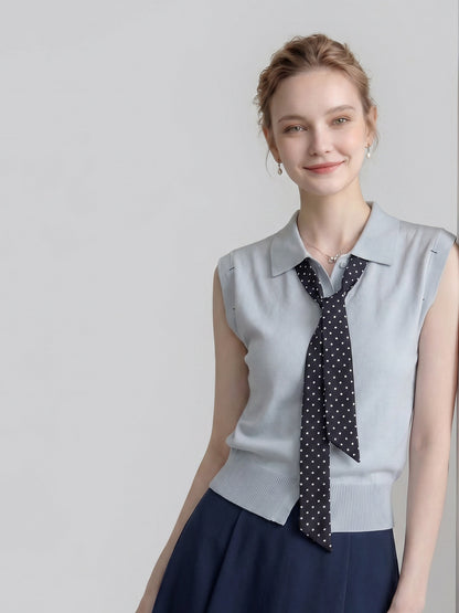 Polo Collar Sleeveless Knit Top With Polka Dot Tie