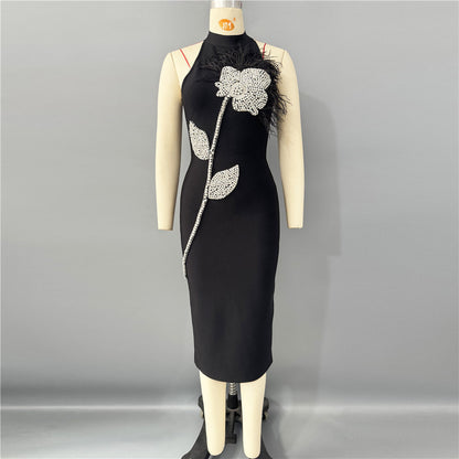 beatrice flower rhinestone feather halter Midi Dress in Black