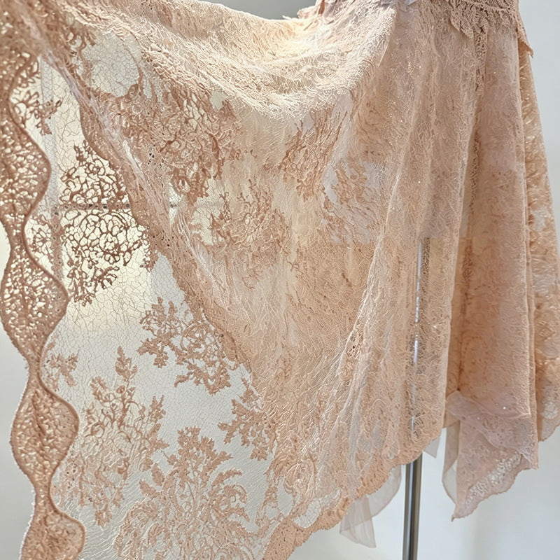 Beige Peach Floral Lace A-Line Midi Dress