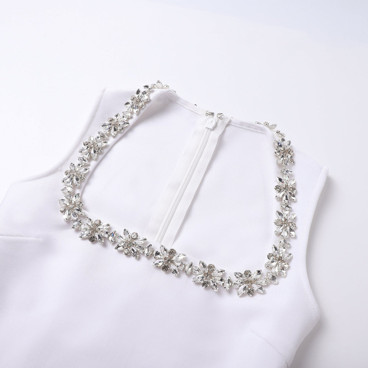 anila square neck crystal embellished mini dress in white