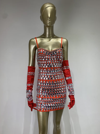 CRYSTAL EMBELLISHED BANDAGE DRESS WITH GLOVES IN RED