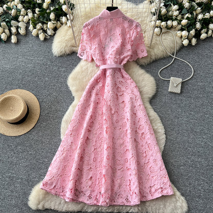 Light Pink Floral Lace A-Line Midi Dress