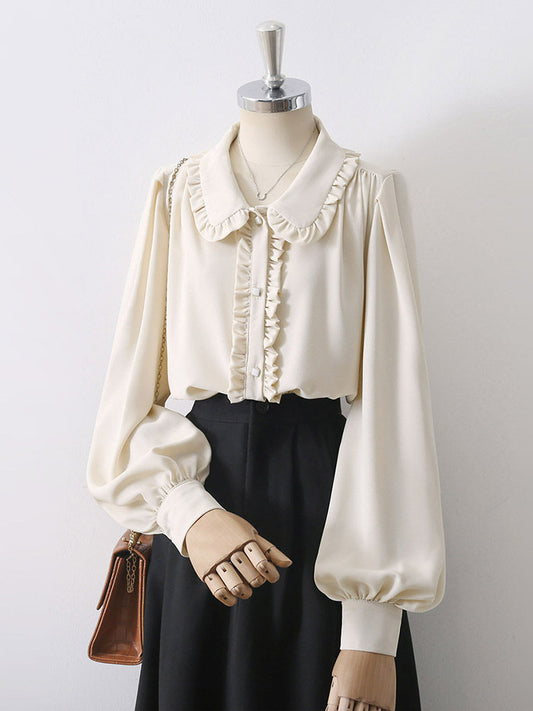 Cream Ruffled Peter Pan Collar Puff Long Sleeve Satin Blouse Elegant Office Ladies Shirt