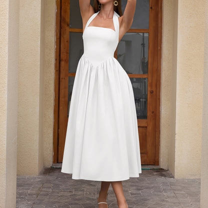 Halter Square Neck V-Waist Flared Midi Dress