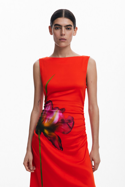 red sleeveless floral print with a ruched waist midi dress