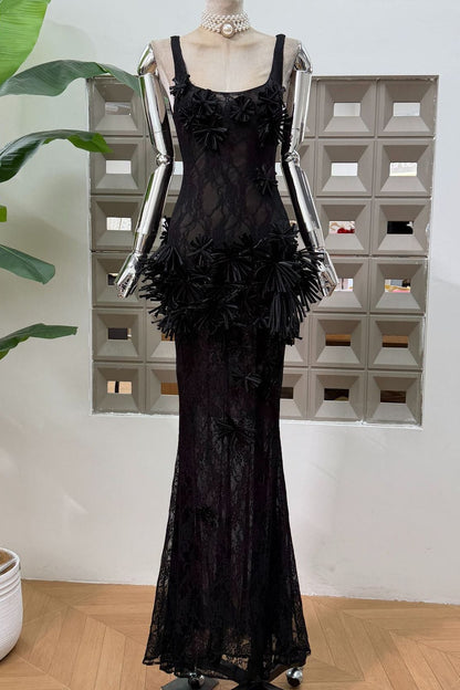 Black Lace Maxi Dress with 3D Floral Appliqués