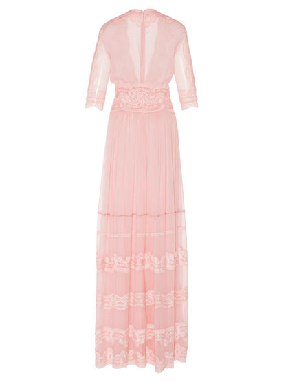 Blush Pink Lace-Trimmed V-Neck Maxi Dress
