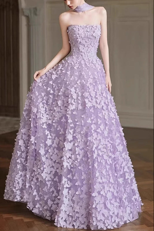 Arlene Floral Strapless Evening Gown - Purple
