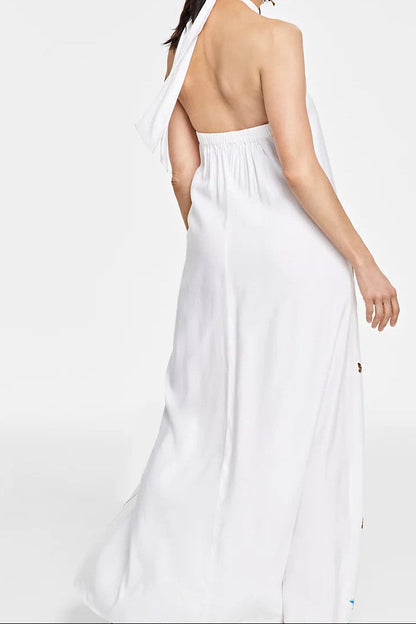 White Floral & Butterfly Print Halter Neck Maxi Dress