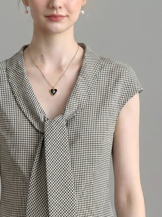 Houndstooth Lapel Tie Neck Cap Sleeve Slim Blouse