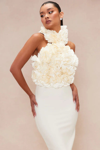 flower bandage midi dress in white