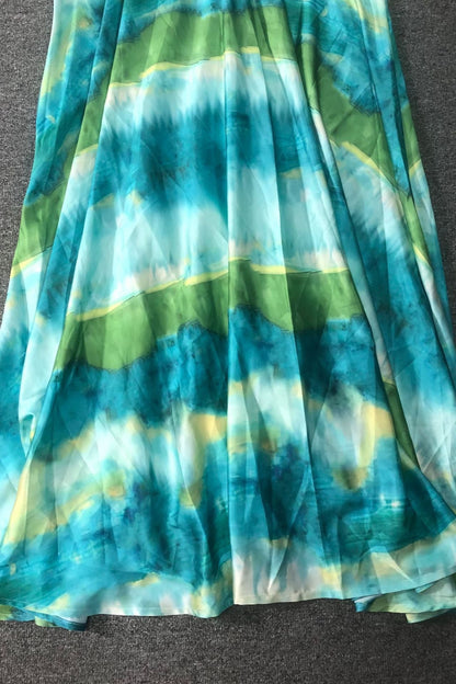 Green multicolor floral print puff sleeve maxi dress