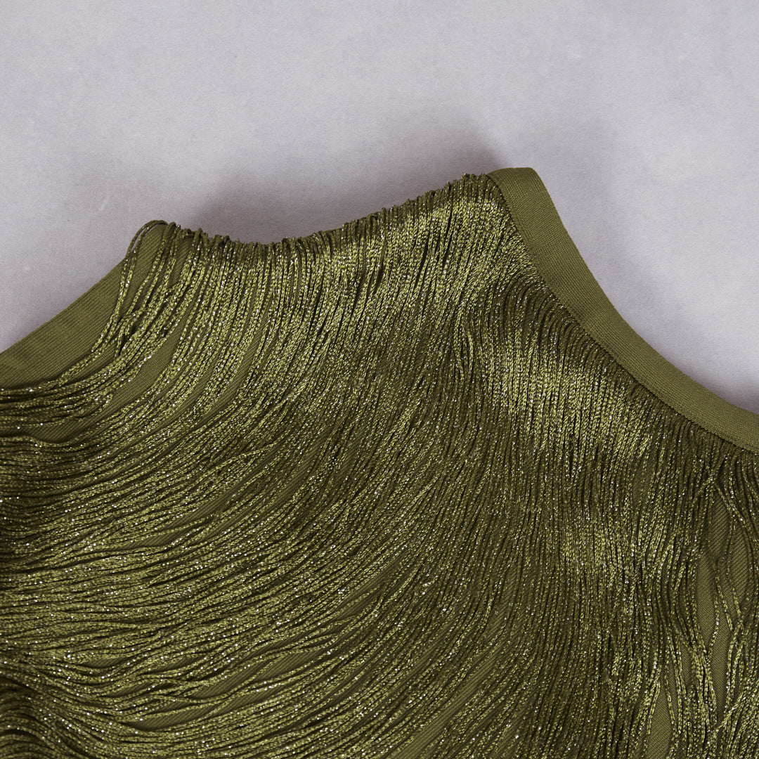 Sleeveless Turtleneck Tassel Paneled Top and Satin Skirt Set in green
