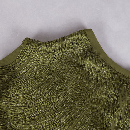 Sleeveless Turtleneck Tassel Paneled Top and Satin Skirt Set in green