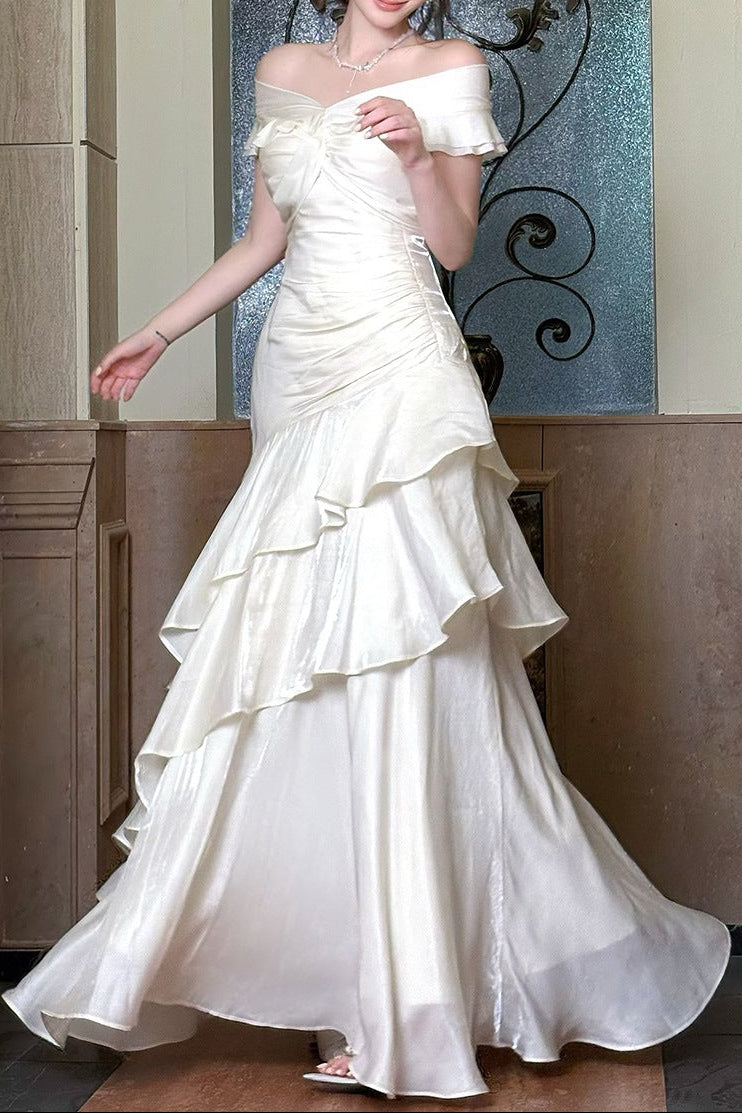 Off Shoulder Twist Ruched Tiered Ruffle Satin Maxi Dress