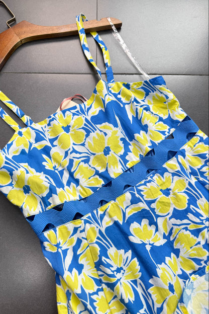 wallis floral print hollow midi dress in blue