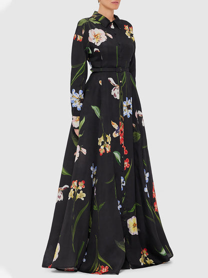 Black Floral Print Belted Shirt Maxi Dress with Slit