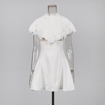 vanessa White mini dress with embroidered lace cape