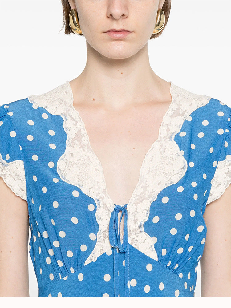 lyuba polka dot Lace-trimmed V-neck maxi dress in blue