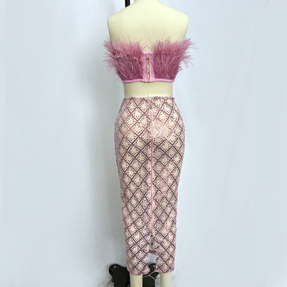 audrey pink feather top sequin Midi Skirt set