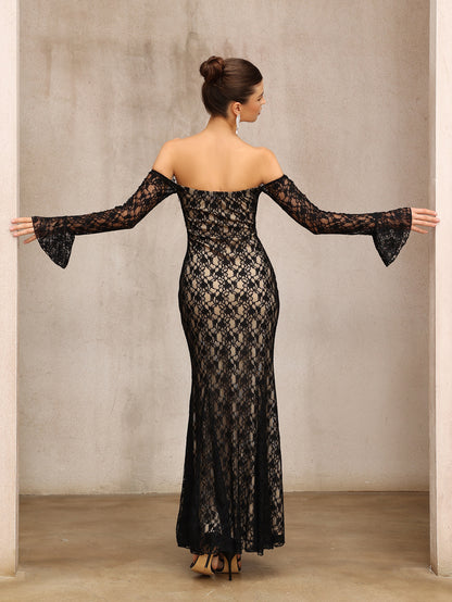 anna One-shoulder lace long sleeves maxi dress in black