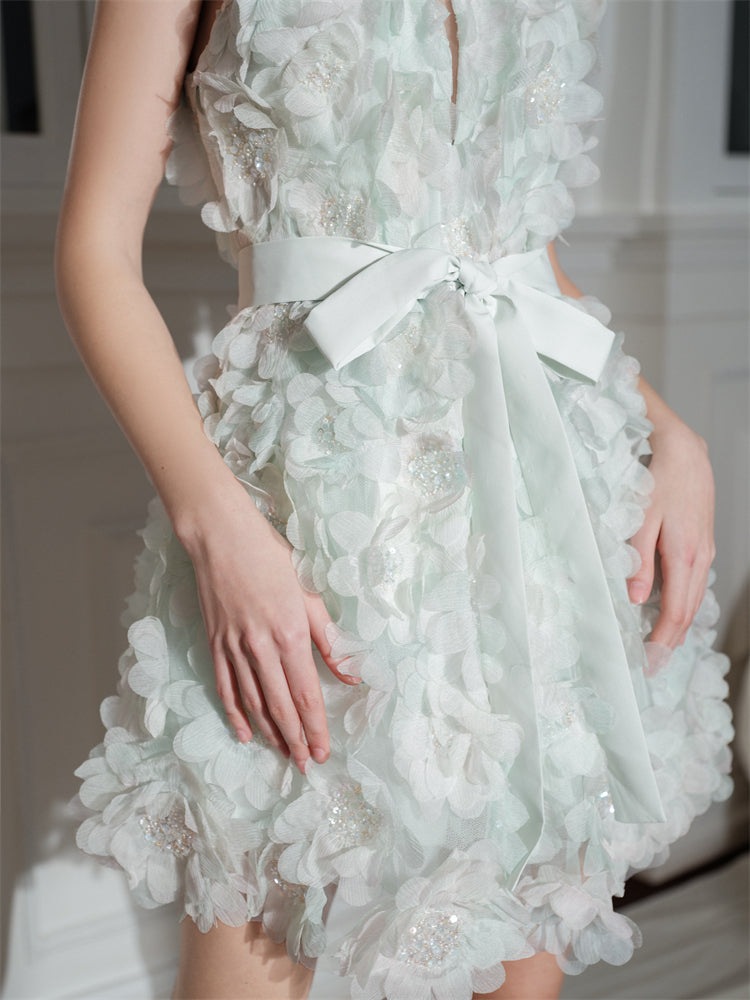 Pastel Green Ribbon Floral wedding guest bridal Dress
