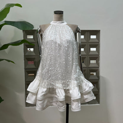 gemma sequin Sleeveless Bowknot Mini Dress in white