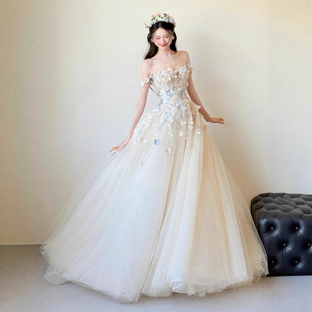 Off Shoulder 3D Floral Tulle Ball Gown Wedding Dress