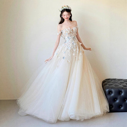 Off Shoulder 3D Floral Tulle Ball Gown Wedding Dress