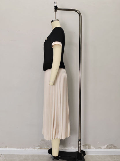 Black Square Neck White Cuff Gold Button Short Jacket & White Pleated Midi Skirt Two-Piece Set