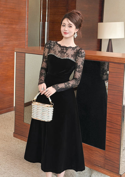 tiffany lace hollow sleeve rhinestone velvet maxi dress in black