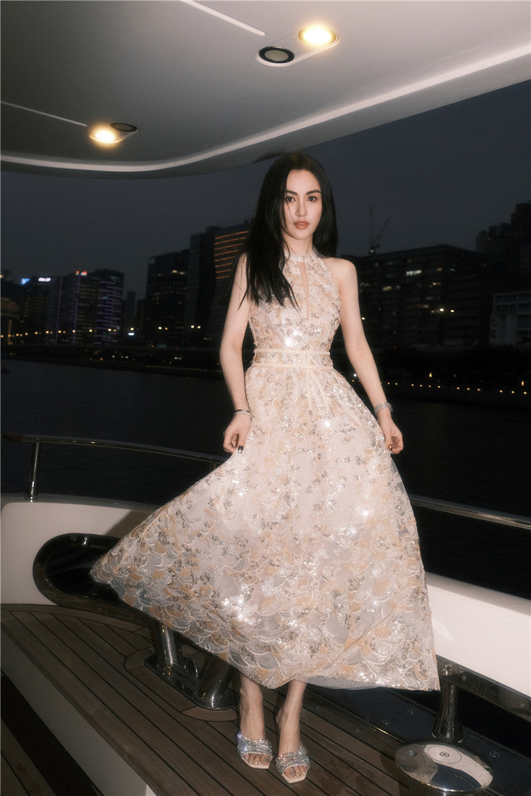 Gold Couture with Floral Embroidery Sequin Banquet Dress