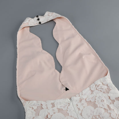 Pale Pink Floral Lace Tiered Halter Gown