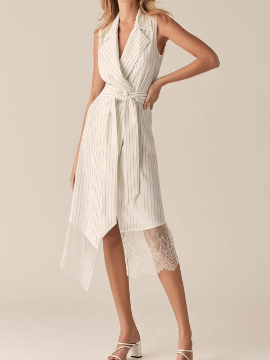 Sleeveless Striped Blazer Midi Dress with Lace Trim