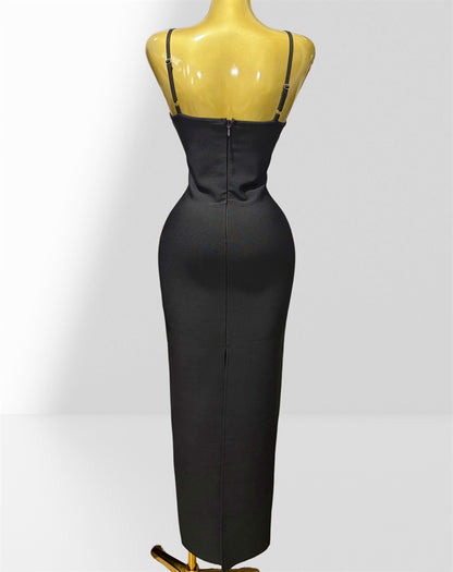 Black Heavy Stretch Knit Column Evening Gown with Crystal Embellishments