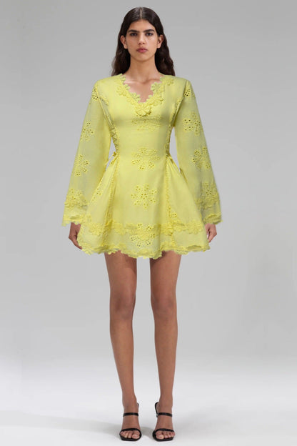 Flower embroidery hollow mini dress in white