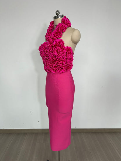 flower bandage midi dress in hot pink