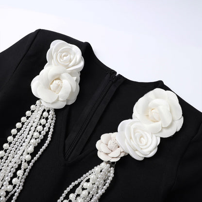 alisa pearl flower embellished bandage mini dress in black