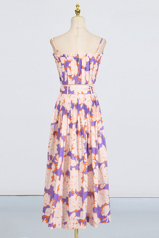 Pleated floral-print linen bustier top skirt set in blue