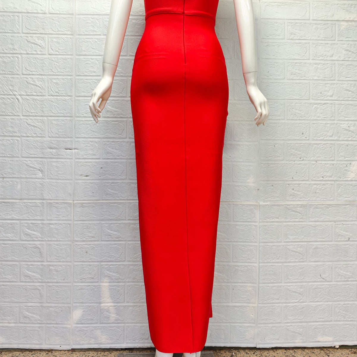 red heavy stretch crepe column dress