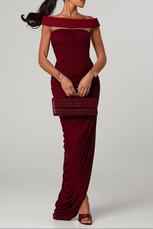 lola burgundy Off-shoulder asymmetrical-draped high slit maxi dress