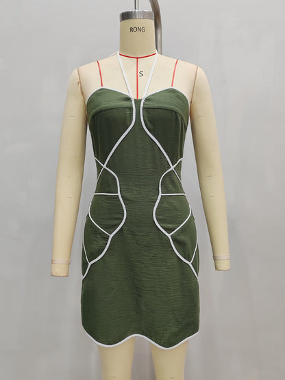 Olive Halter Sweetheart Contrast White Piping Bodycon Mini Dress