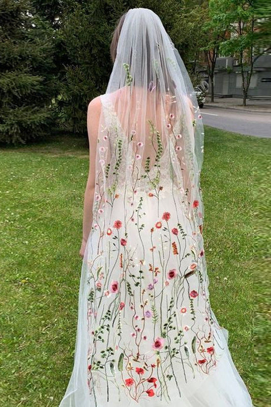 White Sheer Tulle Colorful Wildflower Embroidery Long Bridal Veil